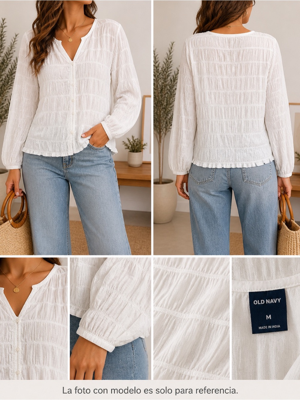 Old Navy White Textured Blouse Medium Boho Peasant Lightweight Long Sleeve